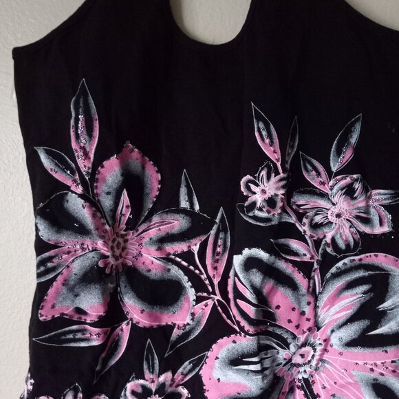 VOICE Backless Black/Pink/White Hibiscus 🌺 Flower Tank with Sequins Women's M - Picture 2 of 9